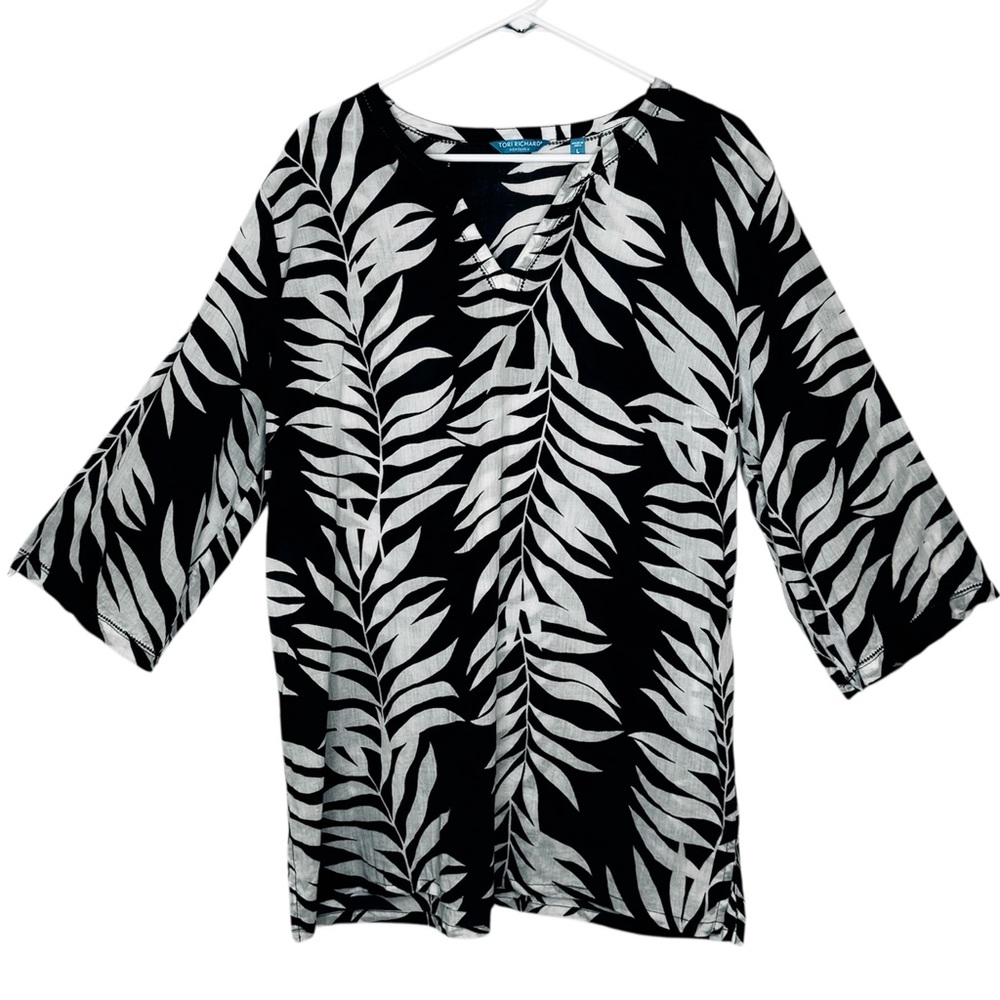 Tori Richard Black and White Leaf Print Tropical Tunic Blouse